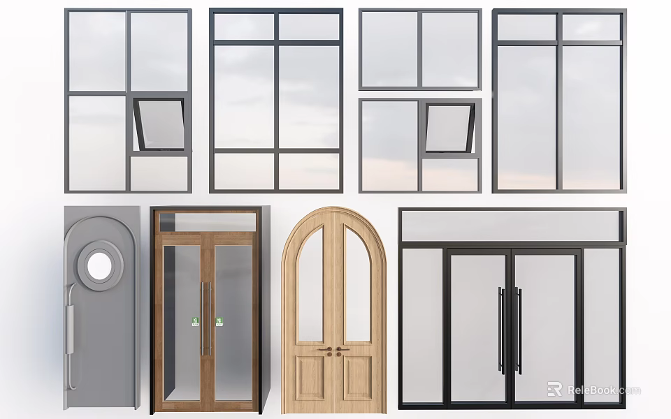 Modern And Classic Double Doors With Wooden Frames Glass Panels And Arch Designs 3d model 