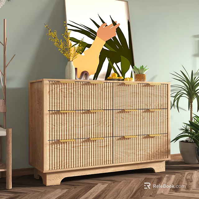 Wooden Storage Cabinet With Rattan Texture Drawers Golden Handles And Decorative Plants Vase In Interior 3d model 