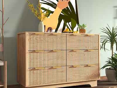 Wooden Storage Cabinet With Rattan Texture Drawers Golden Handles And Decorative Plants Vase In Interior 3d model
