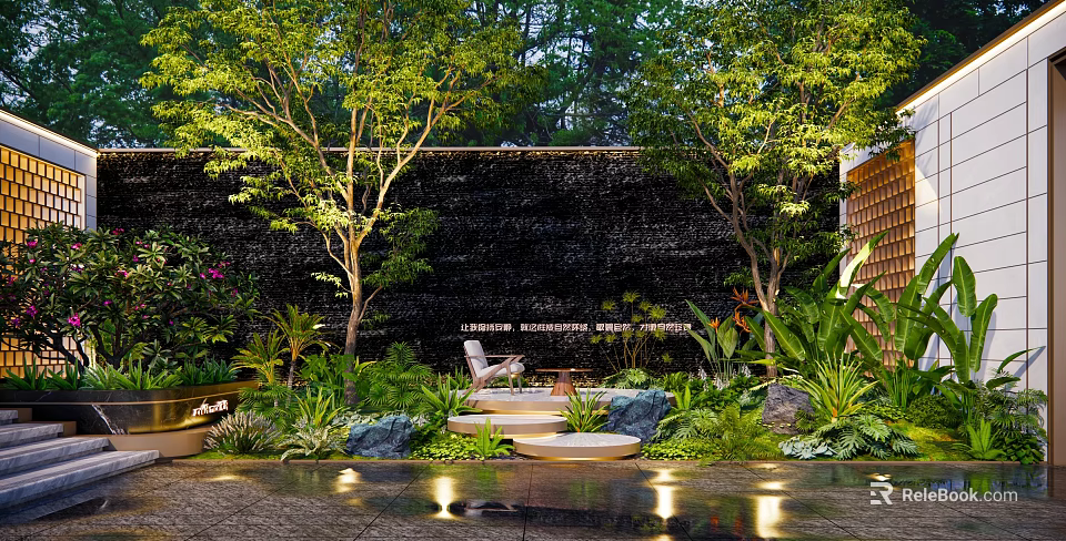 Modern Courtyard Garden With Waterfall Wall Trees Lush Plants Comfortable Chair And Warm Lighting 3d model 