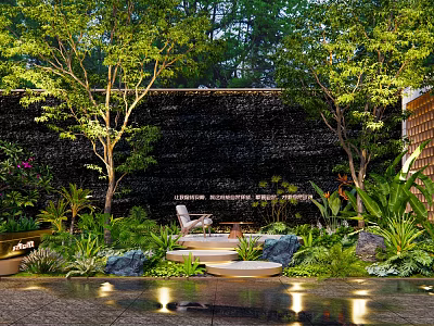 Modern Courtyard Garden With Waterfall Wall Trees Lush Plants Comfortable Chair And Warm Lighting 3d model