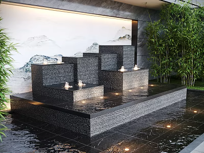 Tiered Water Fountain in Modern Outdoor Space with Bamboo Plants Landscape Painting Wall and Subtle Lighting 3d model