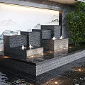 Tiered Water Fountain in Modern Outdoor Space with Bamboo Plants Landscape Painting Wall and Subtle Lighting