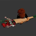 Red Haired Cartoon Character In Black Top Blue Overalls Holding Large Bouquet Of Red Roses