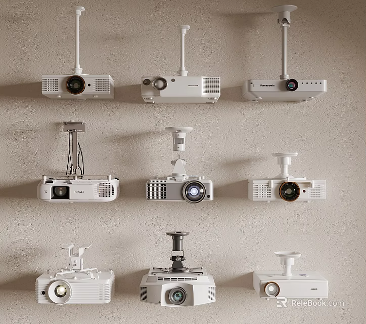 Various White Projectors Mounted on Wall Display Different Models and Designs 3d model