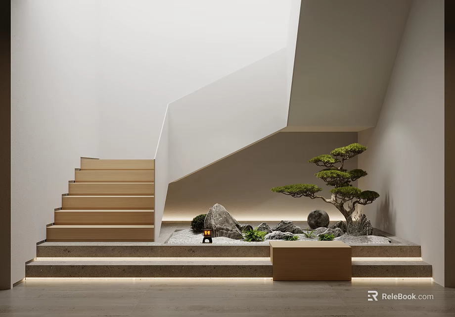 Modern Minimalist Staircase With Lighted Steps Zen Rock Garden Small Pine Tree And Wooden Base 3d model 