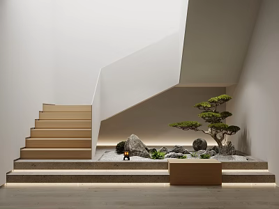 Modern Minimalist Staircase With Lighted Steps Zen Rock Garden Small Pine Tree And Wooden Base 3d model