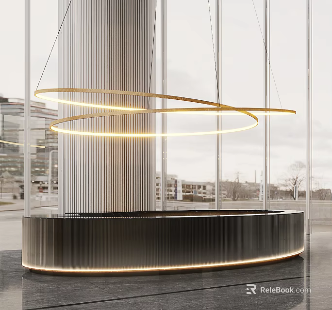 Curved Black Reception Desk With LED Strip Hanging Golden Circular Lights Large Windows City View 3d model 