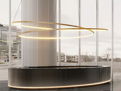 Curved Black Reception Desk With LED Strip Hanging Golden Circular Lights Large Windows City View 3d model