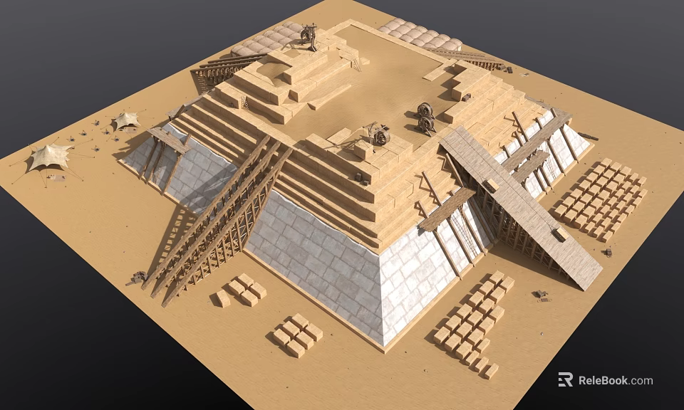 Ancient Pyramid Step Structure With Stone Blocks Construction Scaffolding And Details 3d model 