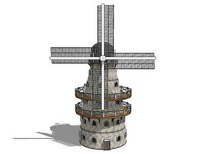 Traditional Windmill Tower Structure Featuring Wooden Blades Circular Balconies And Arch Windows 3d model