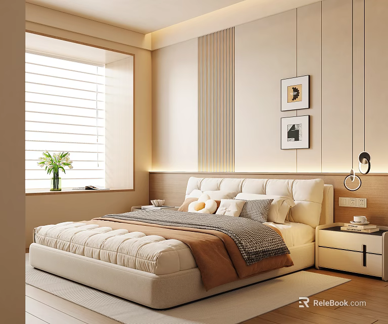 Modern Beige Bedroom With Plush Bed Wall Art Potted Plant And Window Blinds 3d model 