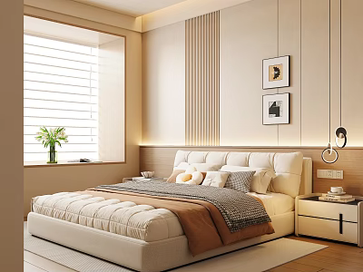 Modern Beige Bedroom With Plush Bed Wall Art Potted Plant And Window Blinds 3d model