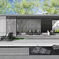 Modern Pergola Interior With Gray Chairs White Cushions Louvered Partitions And Hanging Lights