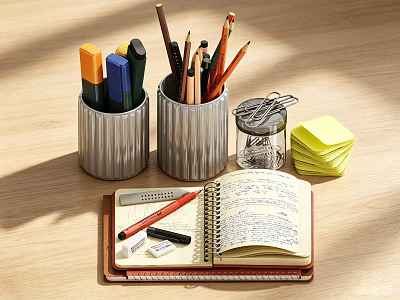 Open Notebook With Handwritten Notes And Office Supplies On Wooden Desk 3d model