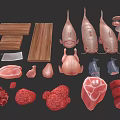 Fresh Raw Meat And Fish Ingredients Including Various Cuts And Types On Wooden Cutting Board