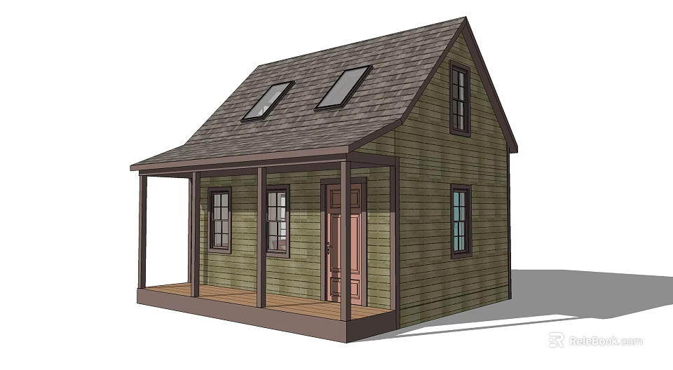Detached House With Green Exterior Dark Roof Skylights Front Porch Columns And Brown Door 3d model 