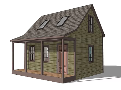 Detached House With Green Exterior Dark Roof Skylights Front Porch Columns And Brown Door 3d model