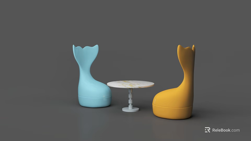Unique Shaped Blue And Yellow Chairs With Round Marble Top Table 3d model