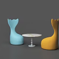 Unique Shaped Blue And Yellow Chairs With Round Marble Top Table 3d model