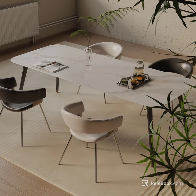 Modern White Dining Table Set with Chairs Magazines Fruit Tray Vase and Green Plants 3d model 