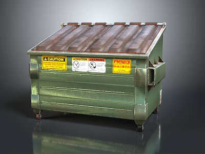 Industrial Metal Trash Bin With Corrugated Lid And Warning Labels On Wheels 3d model