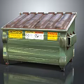 Industrial Metal Trash Bin With Corrugated Lid And Warning Labels On Wheels