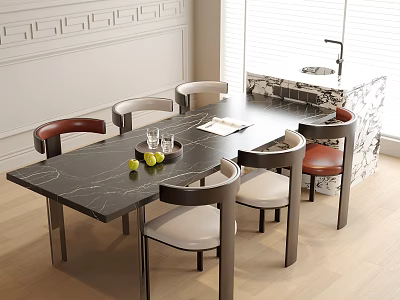 Modern Dining Table and Chairs Set with Black Marble Top Gray Brown Seats 3d model
