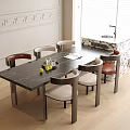 Modern Dining Table and Chairs Set with Black Marble Top Gray Brown Seats