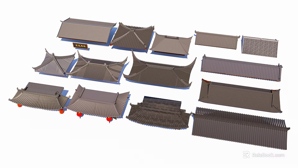 Traditional Chinese Architectural Roof Components Showcasing Various Classical Styles And Eave Structures 3d model