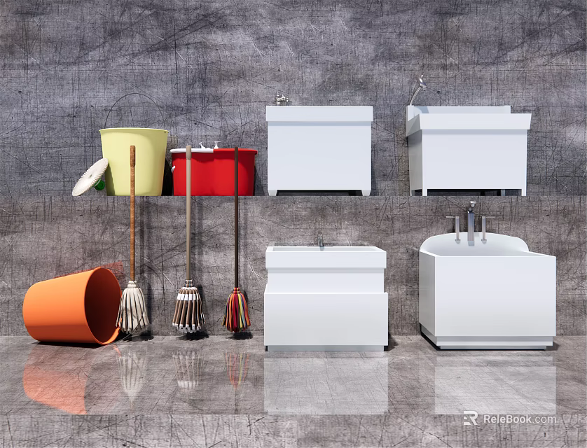Display of Cleaning Tools Mops Buckets and White Sinks Against Gray Wall and Floor 3d model 