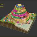 Cartoon Scene With Multi Layered Tower Green Trees And Blue Water Area