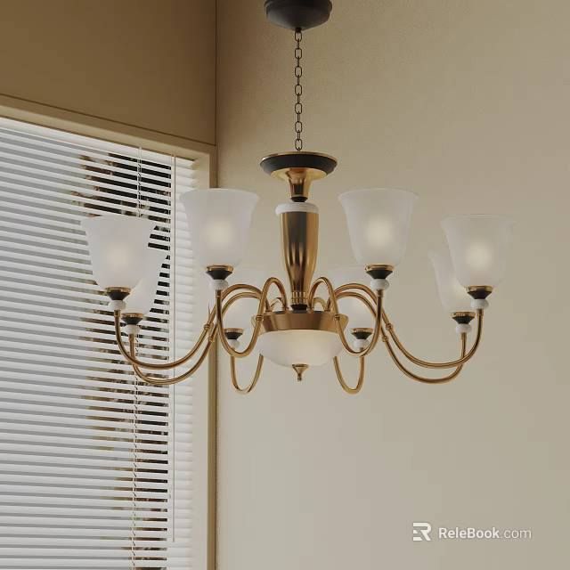 Elegant Gold Chandelier With White Glass Shades In Interior Room With Window Blinds 3d model 