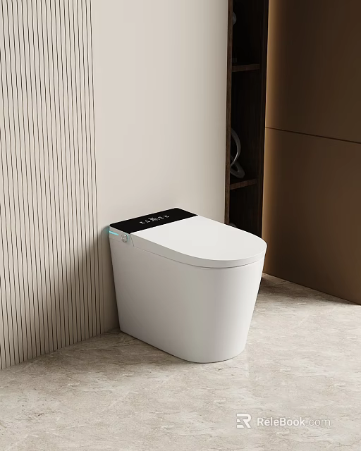 Modern White Smart Toilet Design With Black Panel In Bathroom Striped Wall Interior 3d model 
