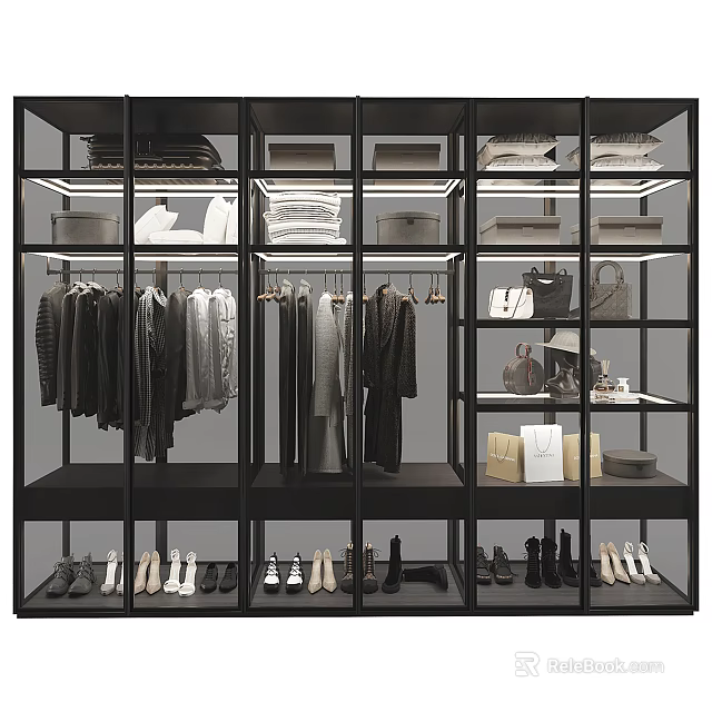 Modern Wardrobe With Glass Doors Open Shelves Clothing Shoes Bags And Storage Compartments 3d model 