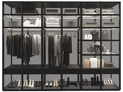 Modern Wardrobe With Glass Doors Open Shelves Clothing Shoes Bags And Storage Compartments 3d model