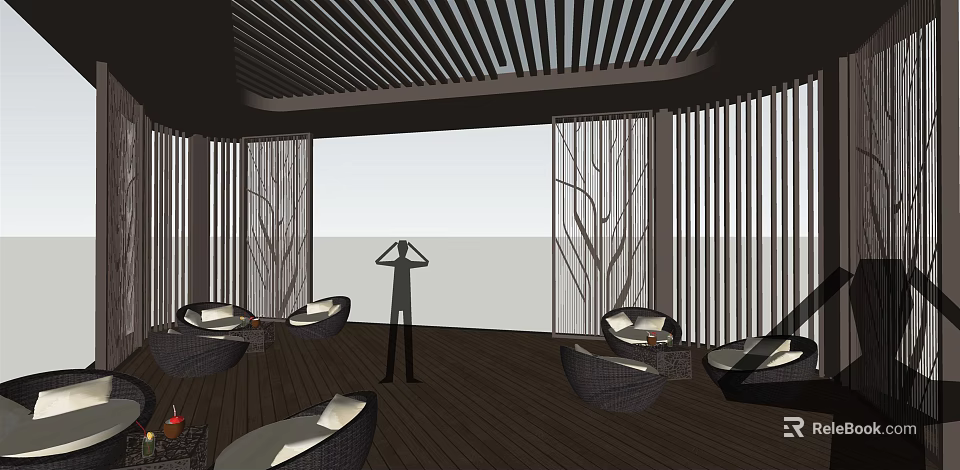 Modern Spacious Lounge Area With Woven Chairs Wooden Flooring Horizontal Slat Ceiling And Vertical Screens 3d model 