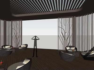 Modern Spacious Lounge Area With Woven Chairs Wooden Flooring Horizontal Slat Ceiling And Vertical Screens 3d model
