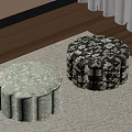 Two Decorative Round Floral Pattern Light Green Black Pouf Stools on Carpet 3d model