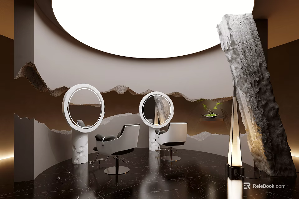 Elegant Beauty Salon Interior With Round Mirrors White Chairs Black Flooring And Decorative Stone 3d model 