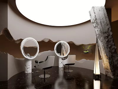Elegant Beauty Salon Interior With Round Mirrors White Chairs Black Flooring And Decorative Stone 3d model