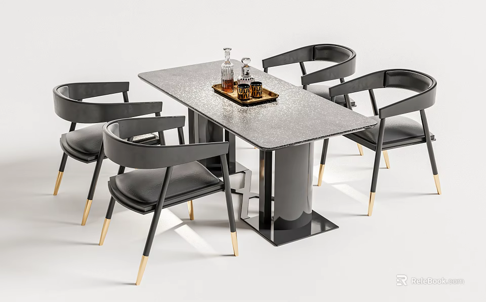 Modern Dining Table and Chairs Set With Gray Tabletop Leather Seats And Golden Legs 3d model 
