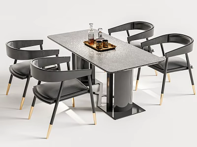 Modern Dining Table and Chairs Set With Gray Tabletop Leather Seats And Golden Legs 3d model