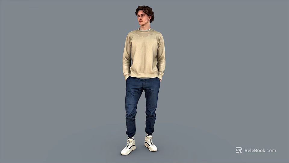 A Man Wearing Beige Sweatshirt Dark Blue Jeans And White Sneakers Standing Against Gray Background 3d model 