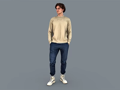A Man Wearing Beige Sweatshirt Dark Blue Jeans And White Sneakers Standing Against Gray Background 3d model