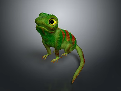 Vibrant Green Chameleon With Yellow Eyes And Red Stripes On Gray Background 3d model