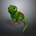 Vibrant Green Chameleon With Yellow Eyes And Red Stripes On Gray Background