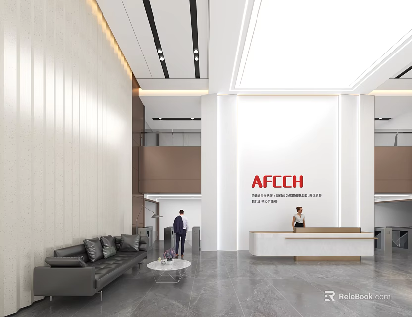 Elegant Modern Reception Lobby With Front Desk Sofa And AFCH Logo 3d model
