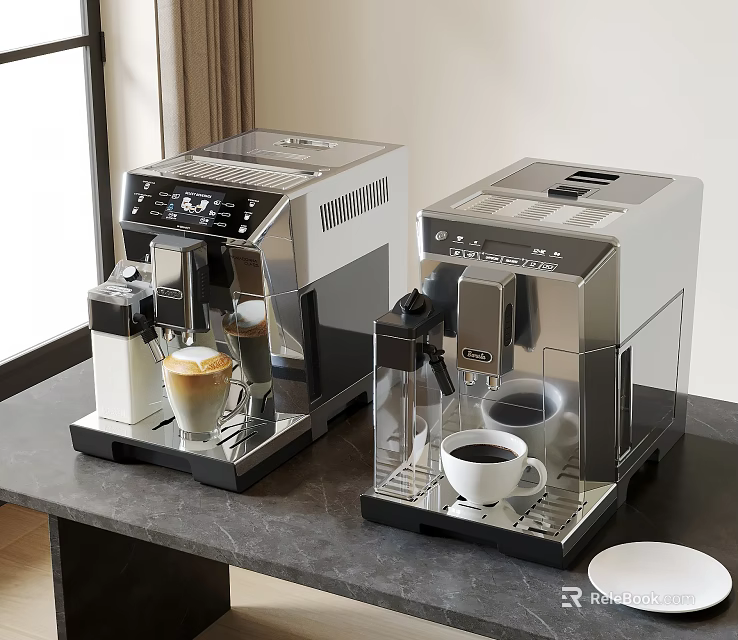 Modern Kitchen Coffee Machines On Countertop With Coffee Cups And White Plate 3d model 