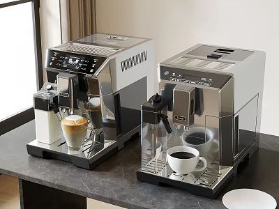 Modern Kitchen Coffee Machines On Countertop With Coffee Cups And White Plate 3d model